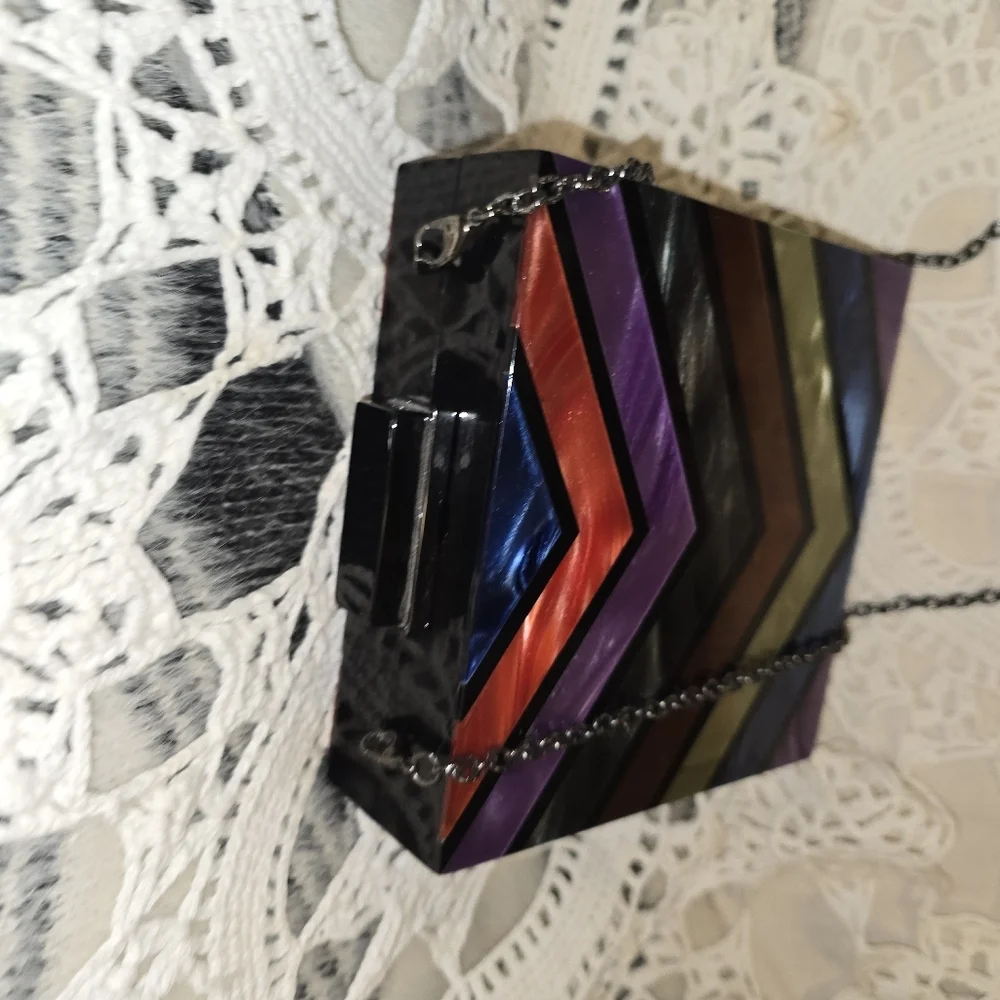 Sandra Roberts Square Handbag, Chain Strap, Multi-colores Clutch, Art Deco Purse